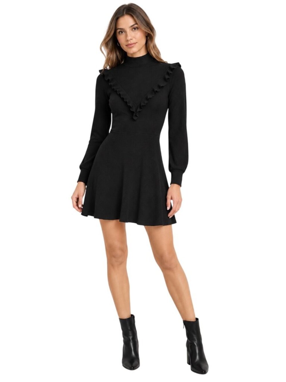 Reformation Black Chapel Ruffled Ribbed Long Sleeve Mini Dress Size S